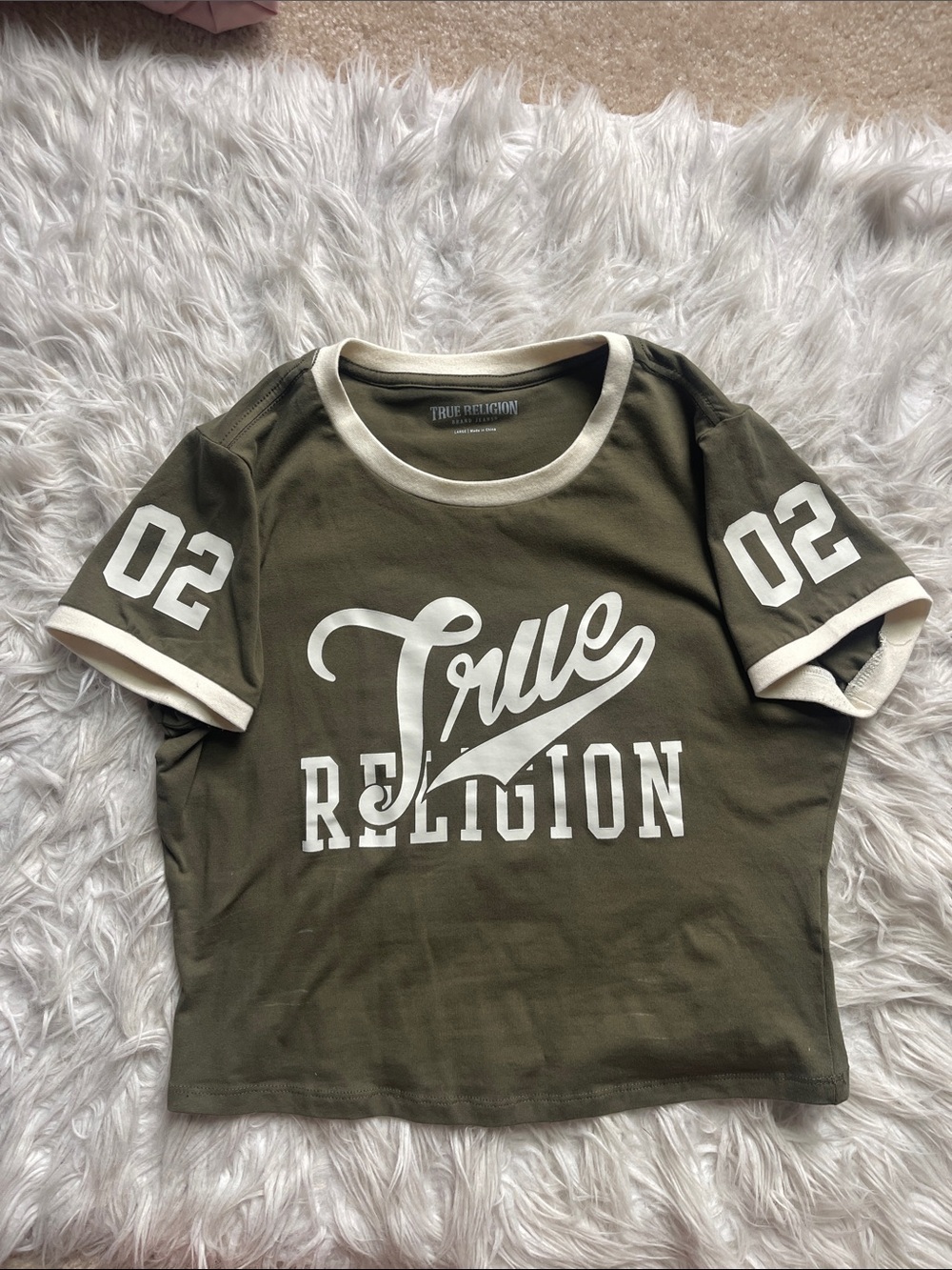 True Religion Olive Green Tee with White Logo & Trim